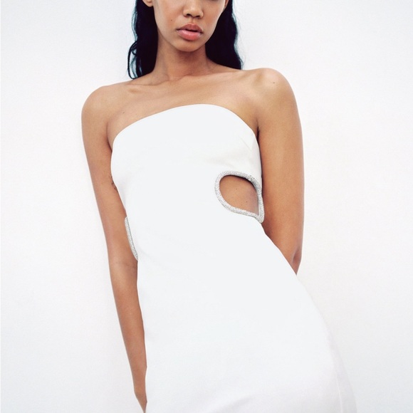Zara STRAPLESS CUT OUT RHINESTONE Mini DRESS White NWT - Picture 2 of 5